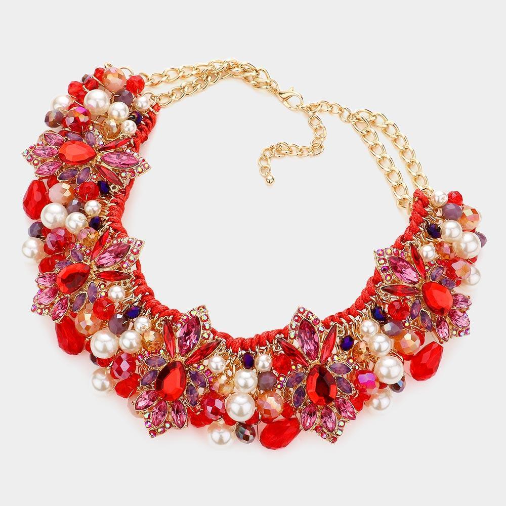 Red Floral Stone Pearl Embellished Collar Necklace - Jewelry Store by Erik Rayo