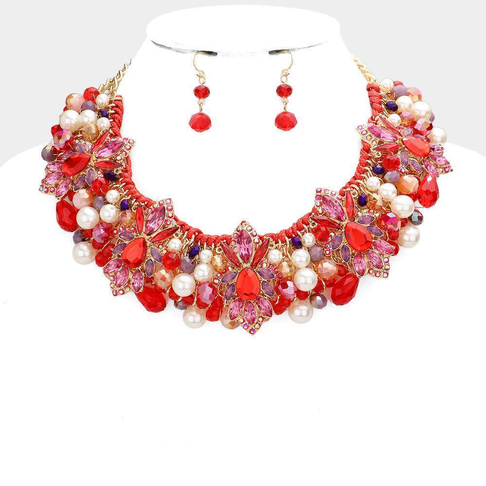 Red Floral Stone Pearl Embellished Collar Necklace - Jewelry Store by Erik Rayo