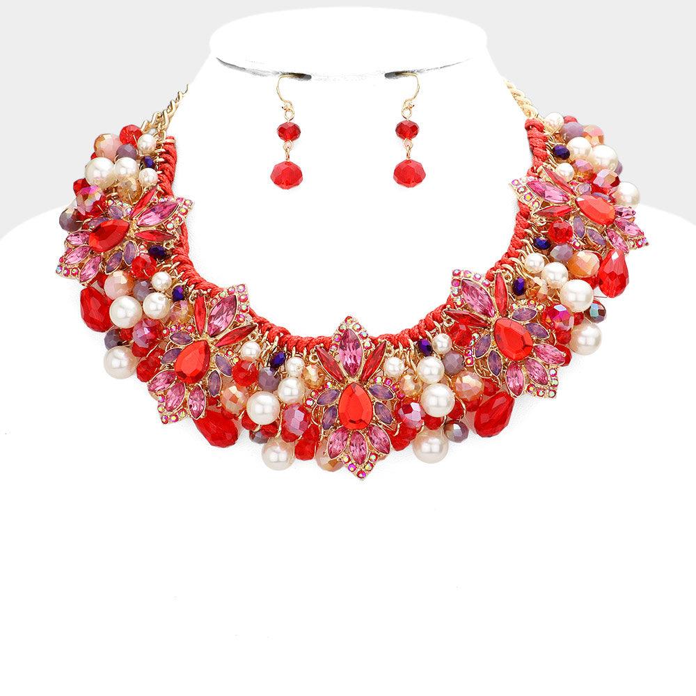 Red Floral Stone Pearl Embellished Collar Necklace