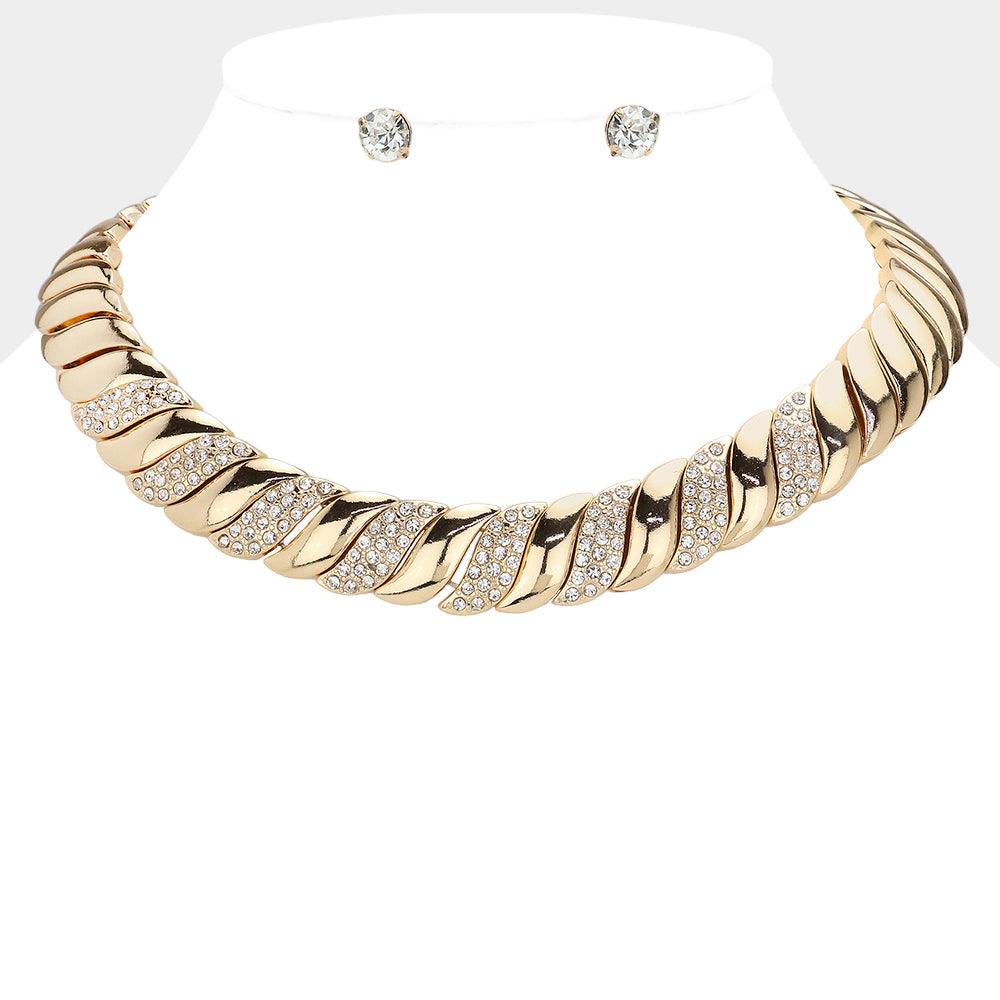 Gold Stone Paved Metal Spiral Collar Necklace