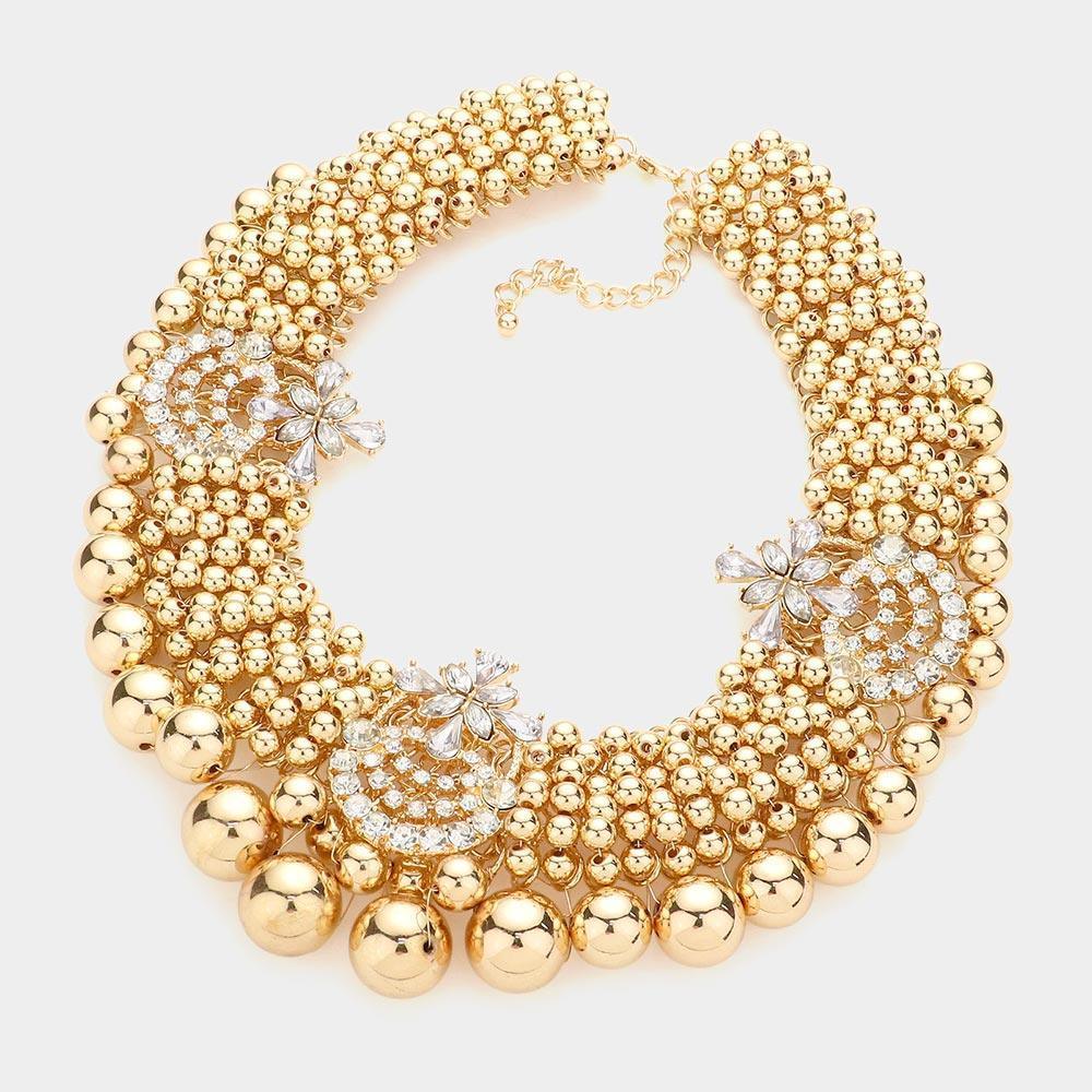Gold Floral Stone Embellished Metal Ball Collar Necklace - Jewelry Store by Erik Rayo