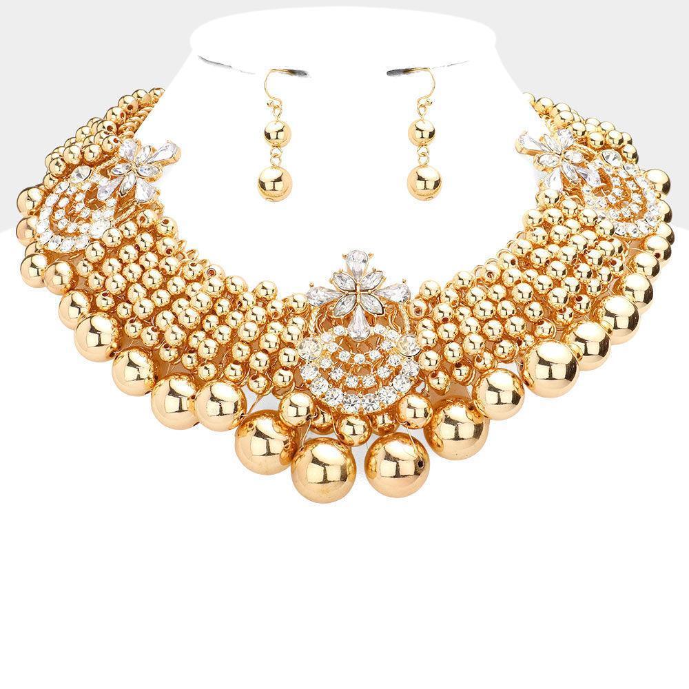 Gold Floral Stone Embellished Metal Ball Collar Necklace - Jewelry Store by Erik Rayo