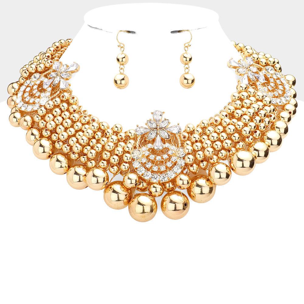 Gold Floral Stone Embellished Metal Ball Collar Necklace