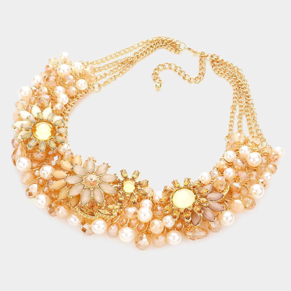 Multi Stone Flower Pearl Embellished Collar Necklace - Jewelry Store by Erik Rayo