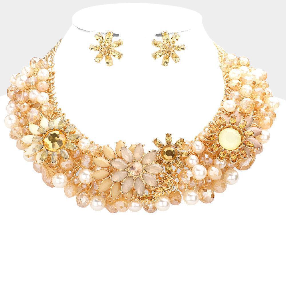 Multi Stone Flower Pearl Embellished Collar Necklace - Jewelry Store by Erik Rayo
