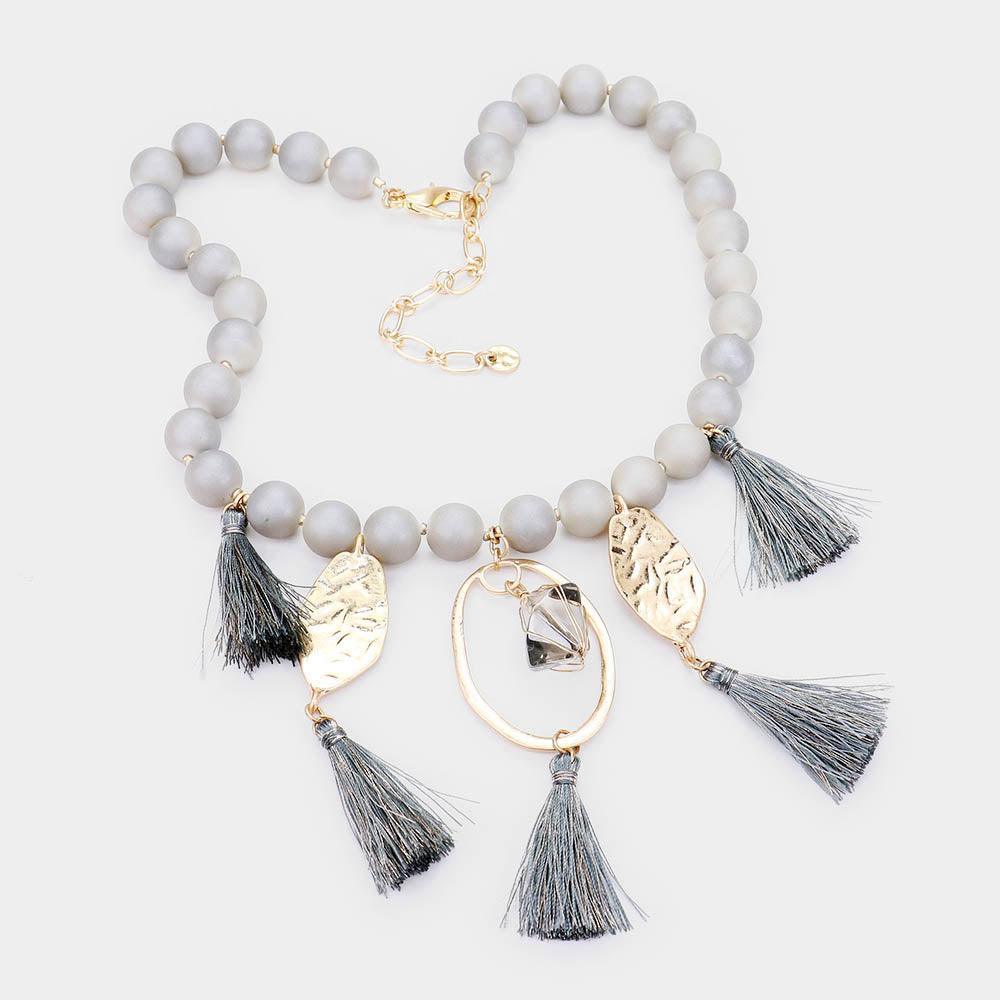 Gray Beaded Abstract Metal Tassel Necklace - Jewelry Store by Erik Rayo