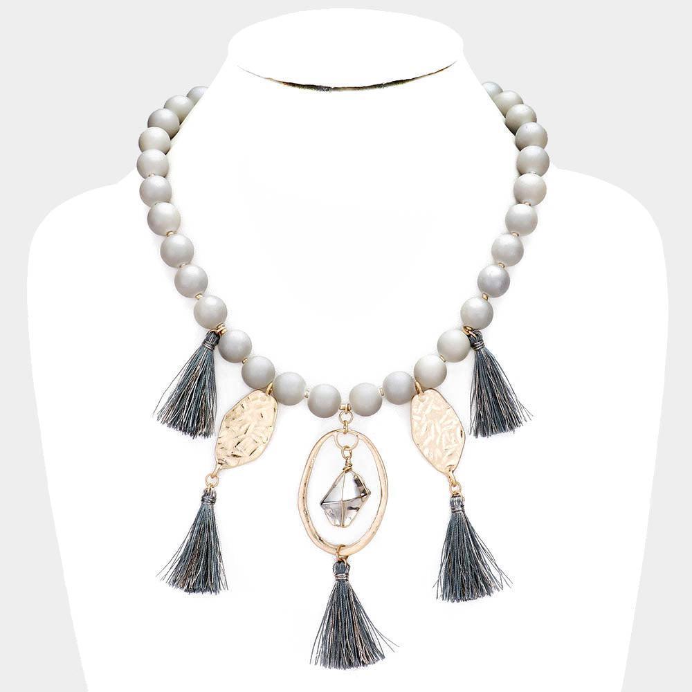 Gray Beaded Abstract Metal Tassel Necklace - Jewelry Store by Erik Rayo