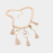 Load image into Gallery viewer, Gold Beaded Abstract Metal Tassel Necklace
