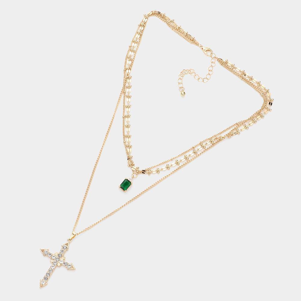 Gold Stone Embellished Cross Pendant Triple Layered Necklace - Jewelry Store by Erik Rayo