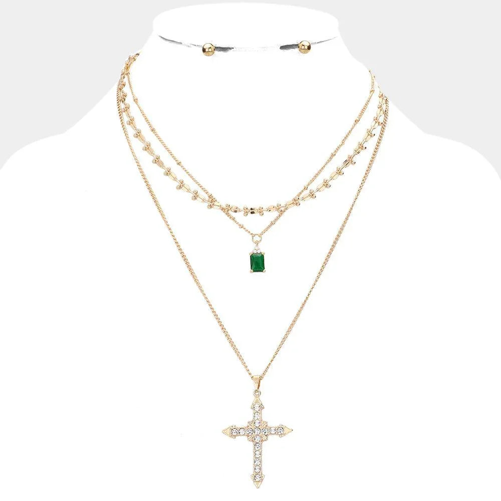 Gold Stone Embellished Cross Pendant Triple Layered Necklace - Jewelry Store by Erik Rayo