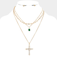 Load image into Gallery viewer, Gold Stone Embellished Cross Pendant Triple Layered Necklace
