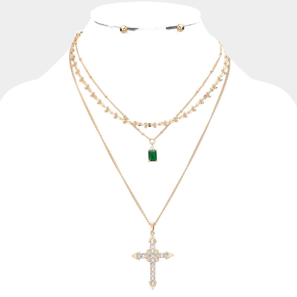 Gold Stone Embellished Cross Pendant Triple Layered Necklace