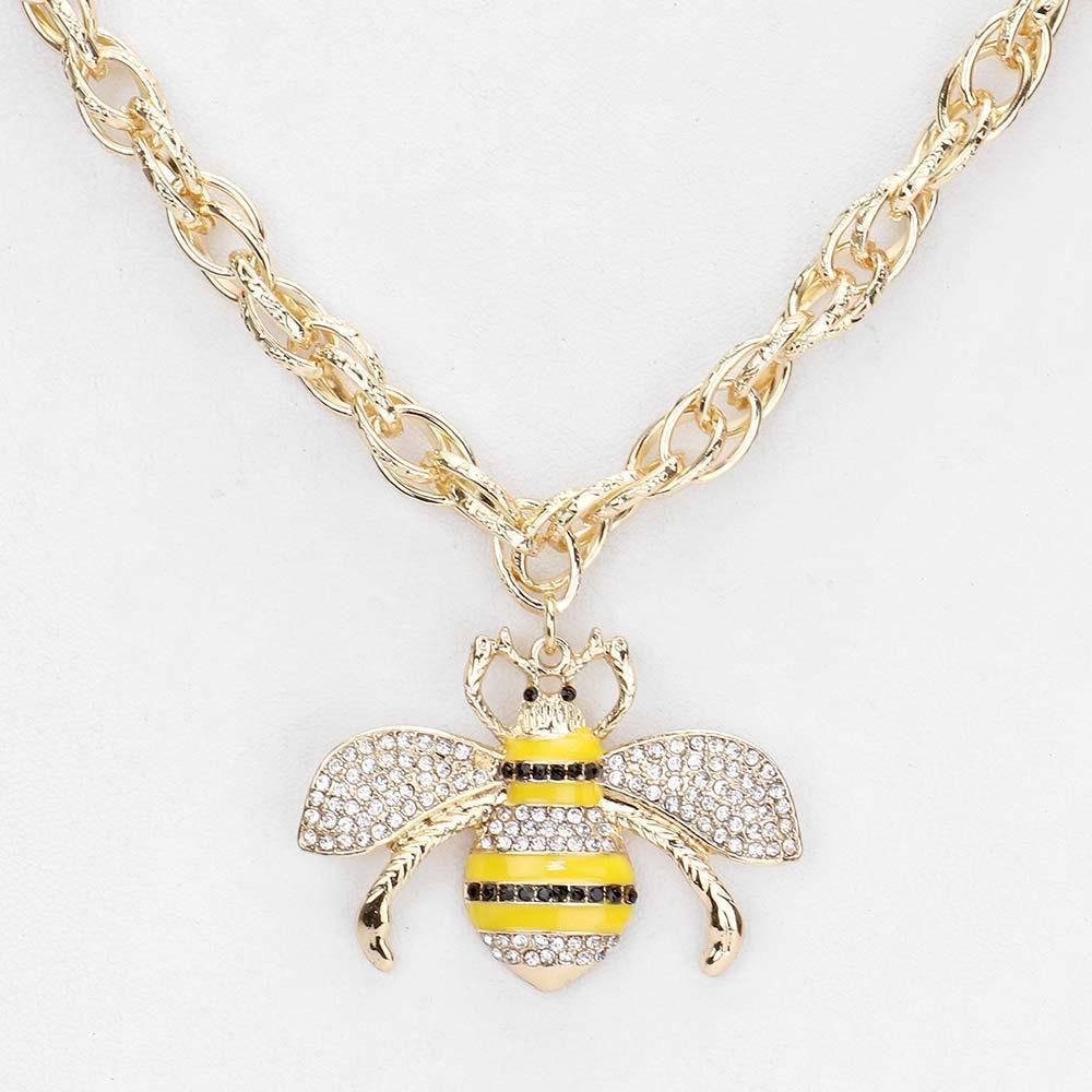 Yellow Rhinestone Embellished Honey Bee Pendant Necklace - Jewelry Store by Erik Rayo