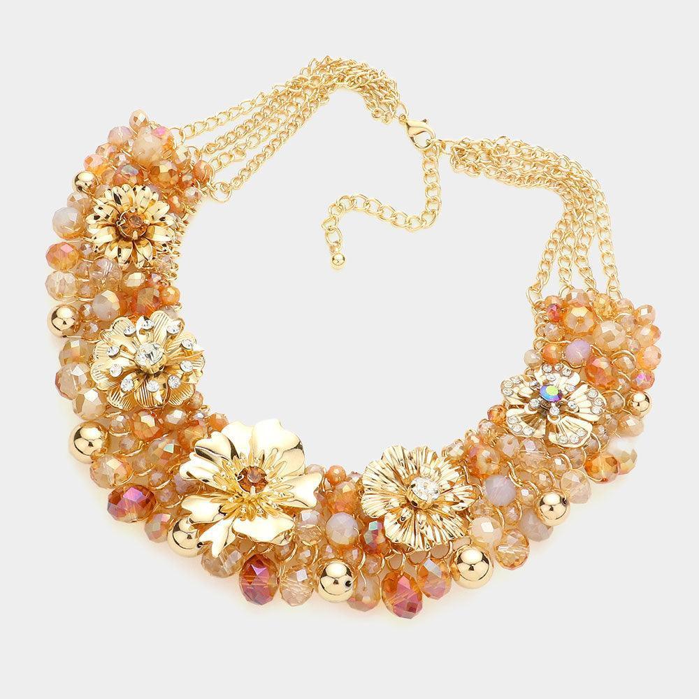 Brown Metal Flower Accented Beaded Collar Necklace - Jewelry Store by Erik Rayo