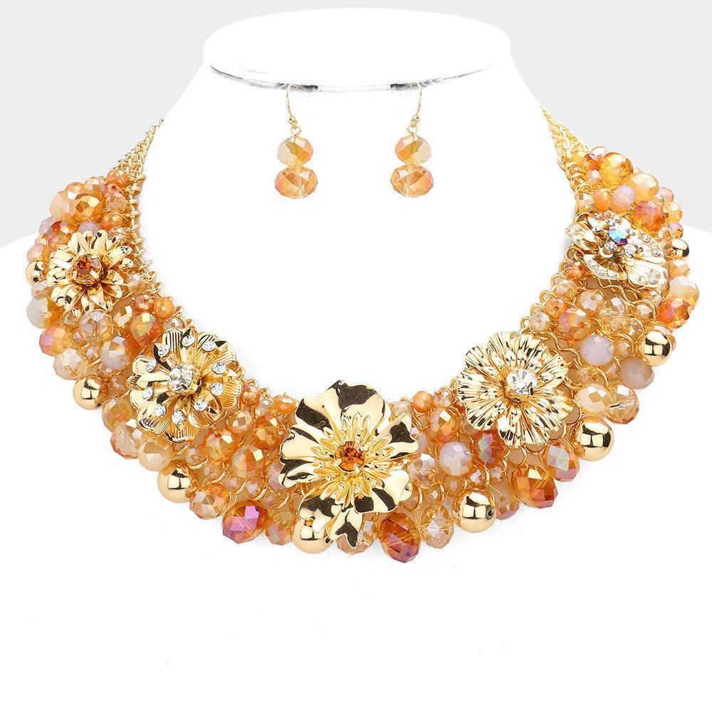 Brown Metal Flower Accented Beaded Collar Necklace - Jewelry Store by Erik Rayo