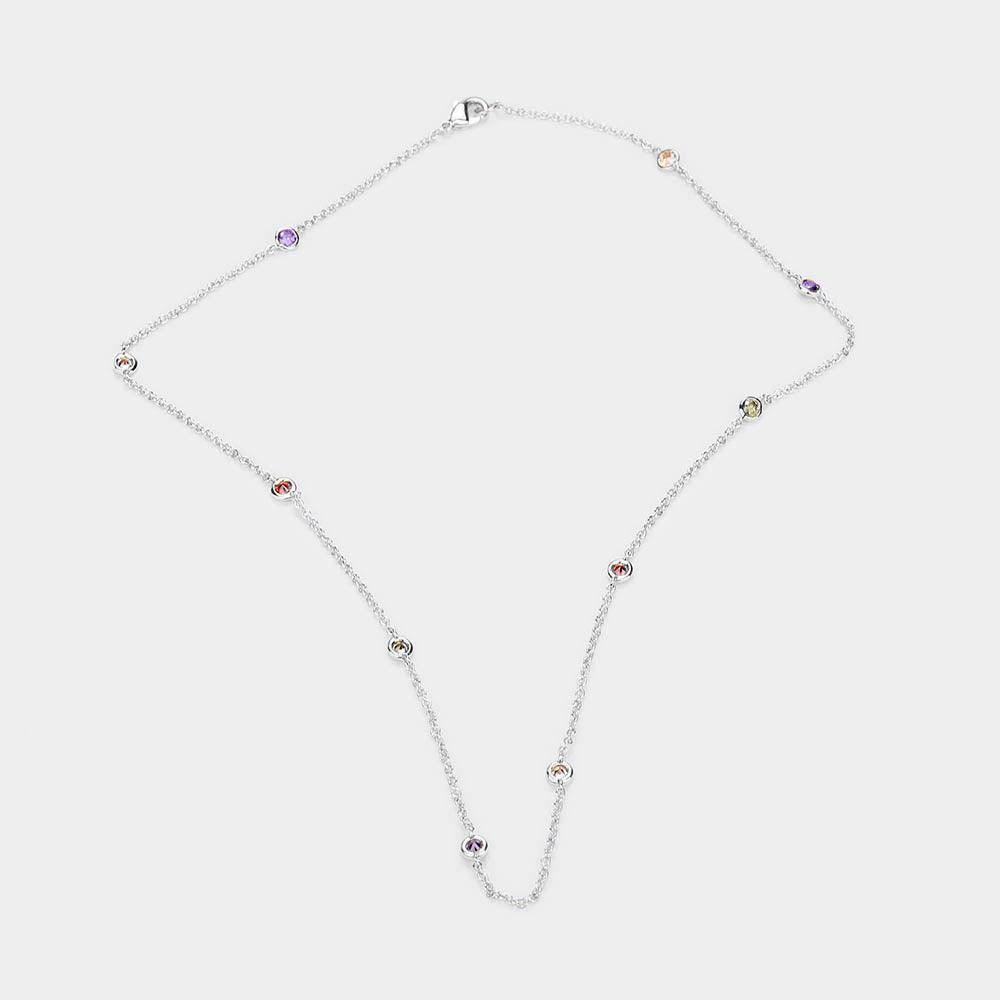 Gold White Gold Dipped Brass Metal Round Colorful CZ Station Necklace - Jewelry Store by Erik Rayo