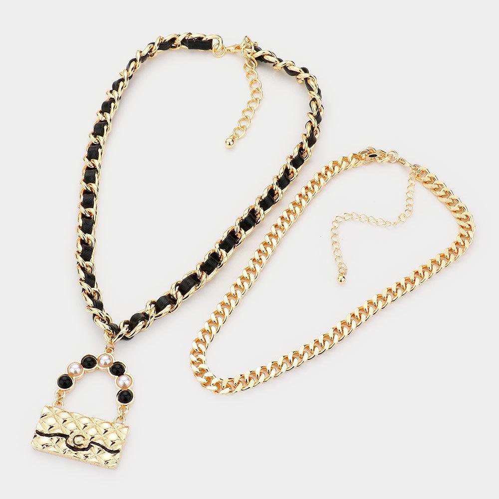 Gold 2PCS - Metal Chain Pearl Embellished Bag Pendant Necklaces - Jewelry Store by Erik Rayo