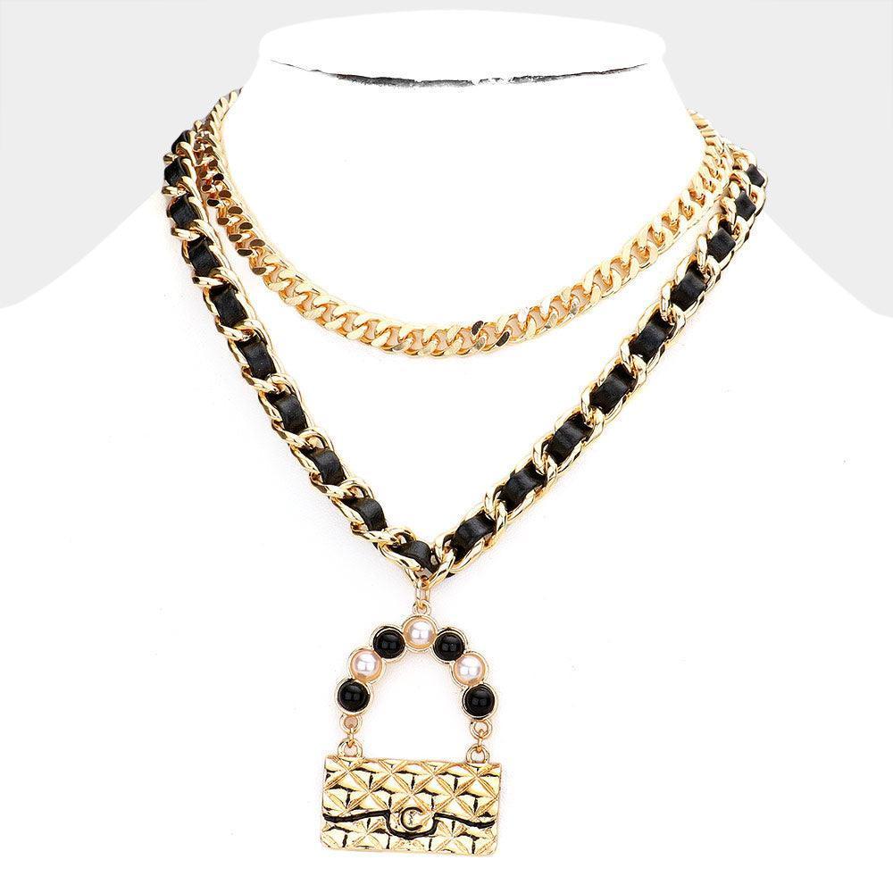 Gold 2PCS - Metal Chain Pearl Embellished Bag Pendant Necklaces - Jewelry Store by Erik Rayo
