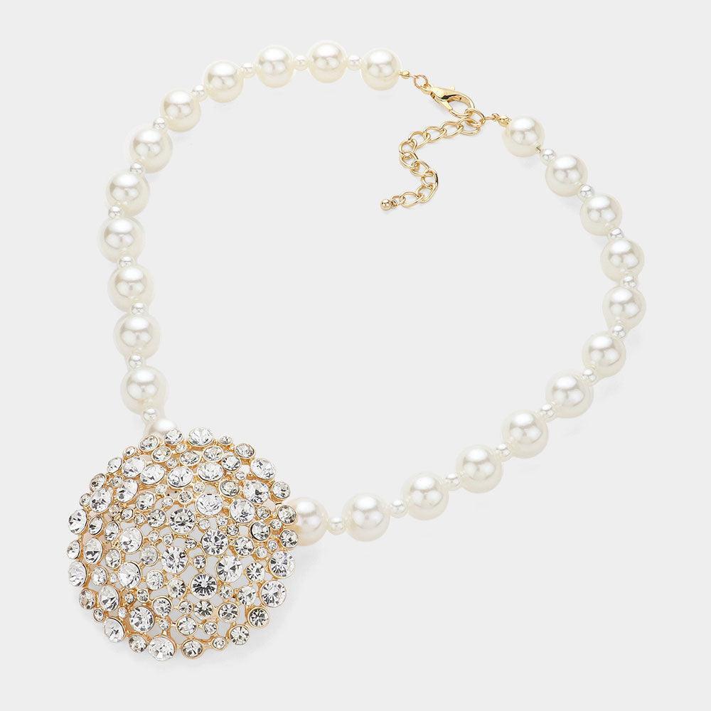 Clear Rhinestone Cluster Pearl Statement Necklace - Jewelry Store by Erik Rayo