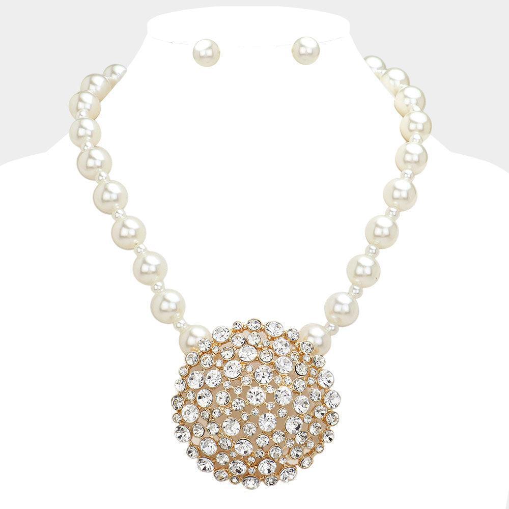 Clear Rhinestone Cluster Pearl Statement Necklace - Jewelry Store by Erik Rayo