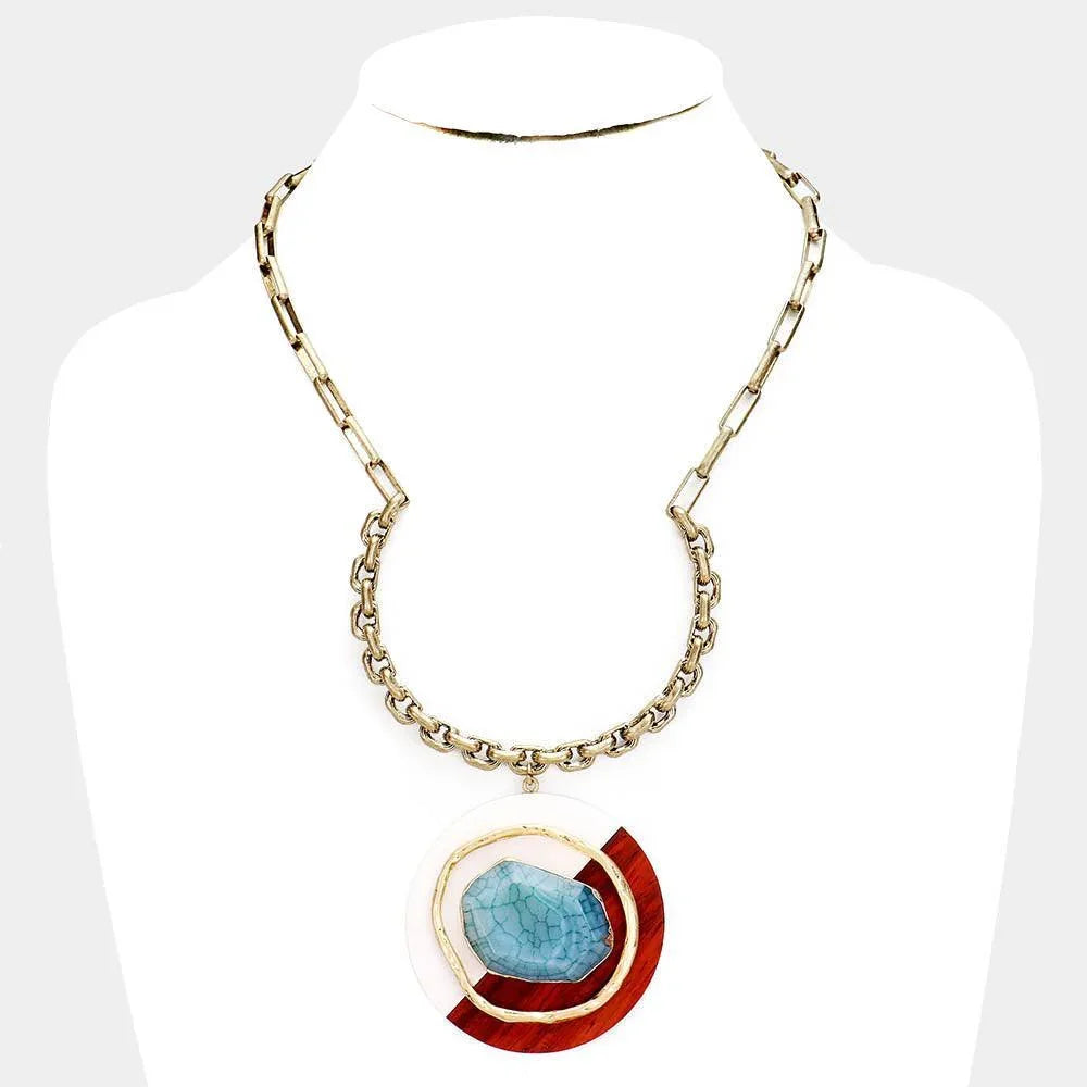 Gold Natural Stone Metal Wood Pendant Chain Necklace - Jewelry Store by Erik Rayo