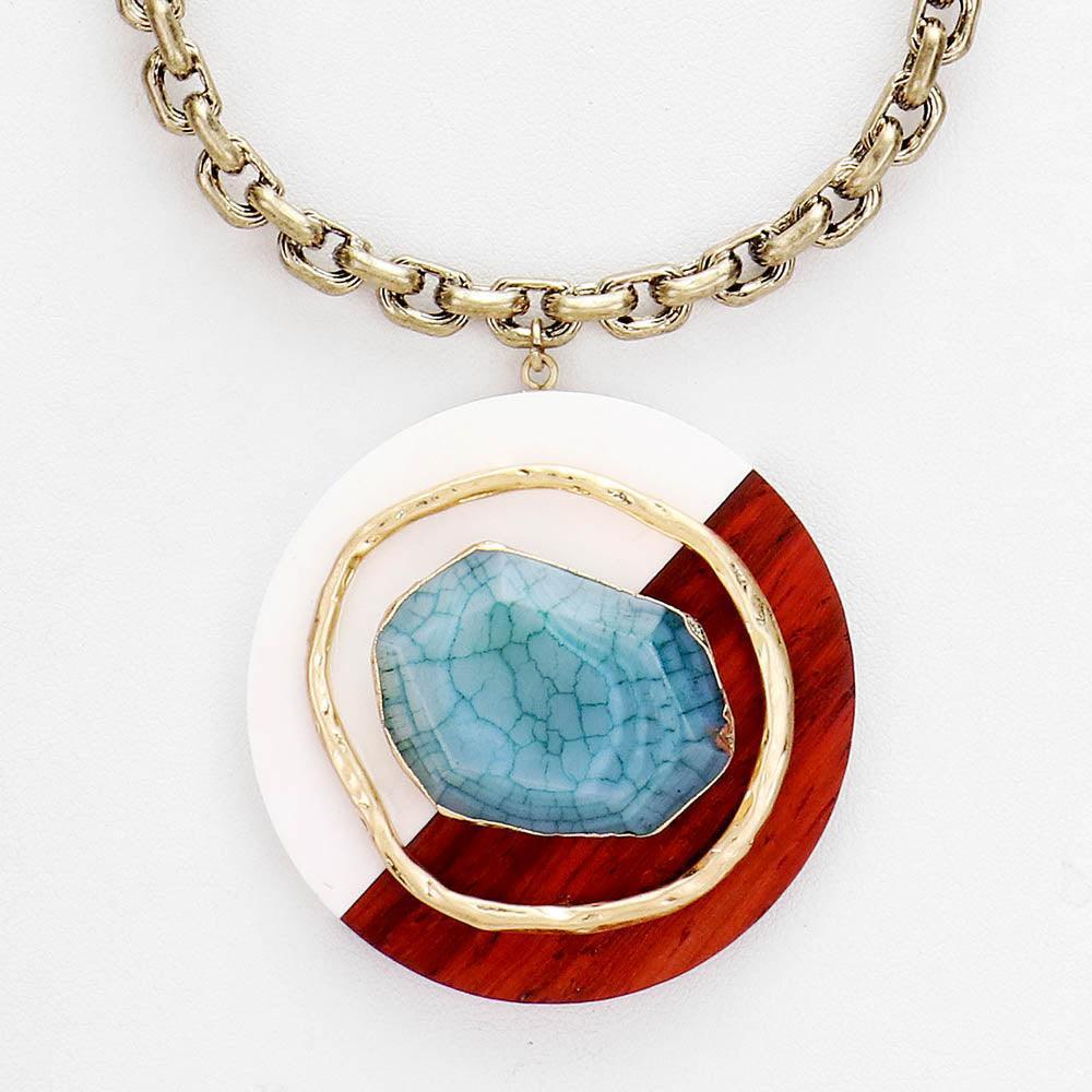 Gold Natural Stone Metal Wood Pendant Chain Necklace - Jewelry Store by Erik Rayo