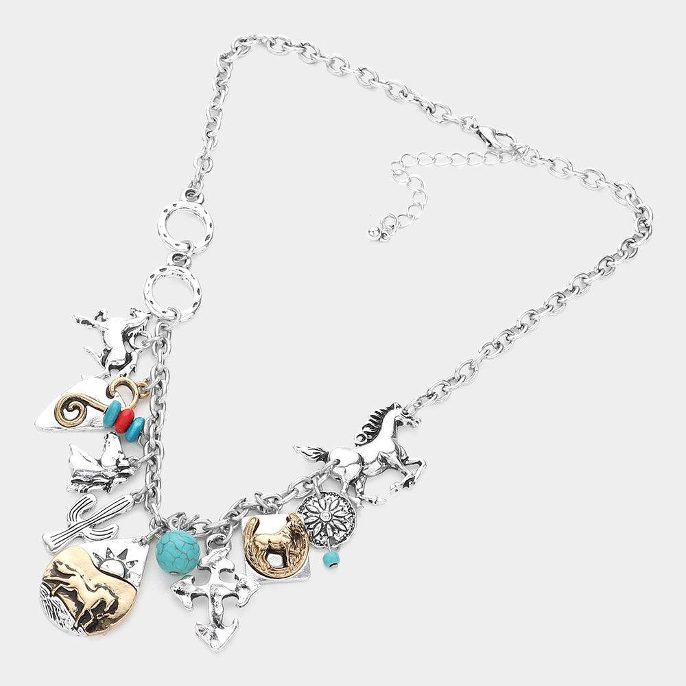 Silver Horse Cactus Turquoise Crisscross Horseshoe Pendant Necklace - Jewelry Store by Erik Rayo