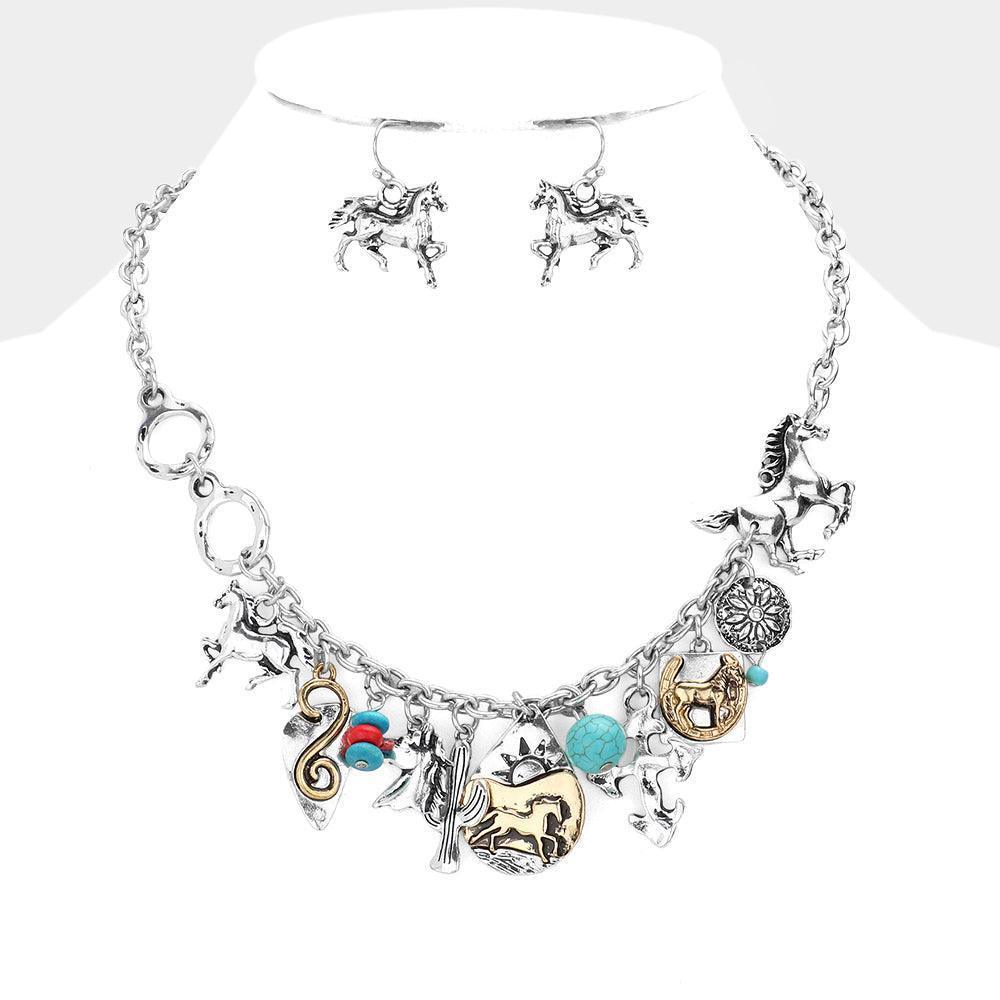 Silver Horse Cactus Turquoise Crisscross Horseshoe Pendant Necklace - Jewelry Store by Erik Rayo