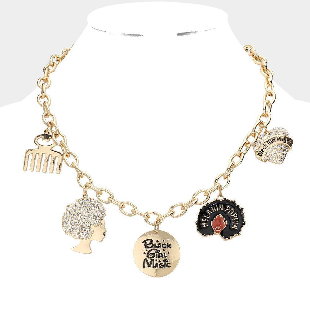 Gold Comb Afro Black Girl Magic Message Heart Pendant Necklace - Jewelry Store by Erik Rayo