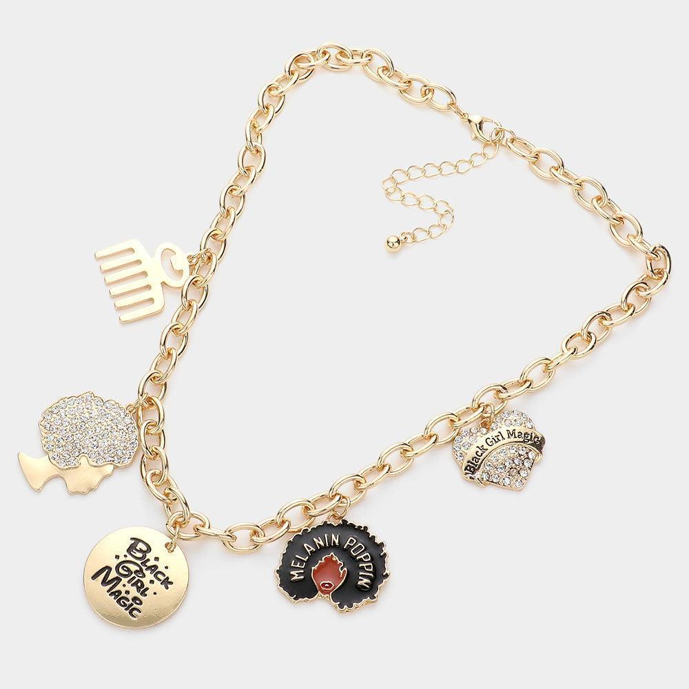 Gold Comb Afro Black Girl Magic Message Heart Pendant Necklace - Jewelry Store by Erik Rayo