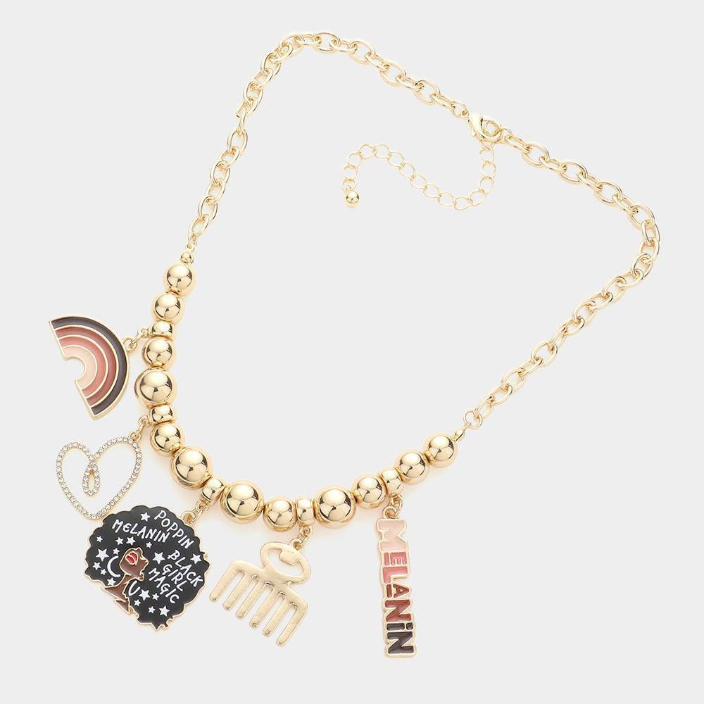 Gold Rainbow Heart Afro Girl Comb Melanin Message Pendant Necklace - Jewelry Store by Erik Rayo