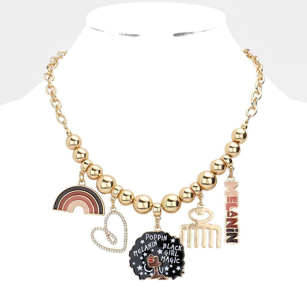 Gold Rainbow Heart Afro Girl Comb Melanin Message Pendant Necklace - Jewelry Store by Erik Rayo