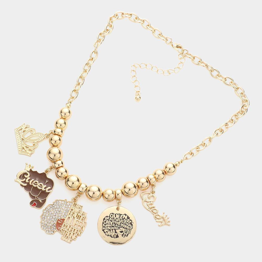 Gold Crown Queen Message Afro Girl Pendant Necklace - Jewelry Store by Erik Rayo