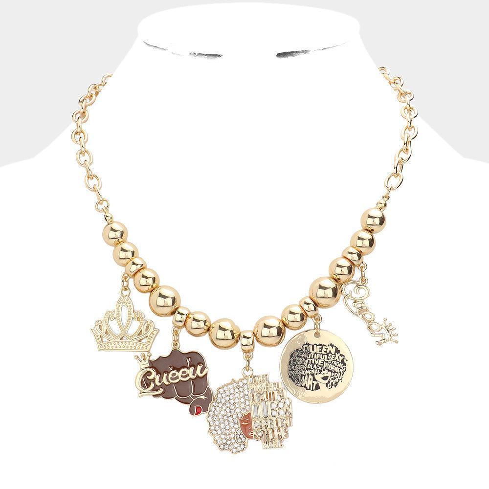 Gold Crown Queen Message Afro Girl Pendant Necklace - Jewelry Store by Erik Rayo