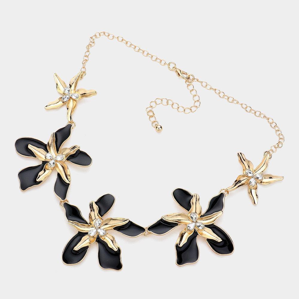 Black Teardrop Stone Pointed Enamel Flower Link Necklace - Jewelry Store by Erik Rayo