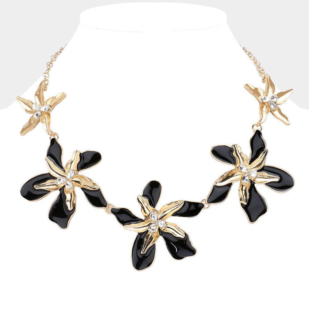 Black Teardrop Stone Pointed Enamel Flower Link Necklace - Jewelry Store by Erik Rayo