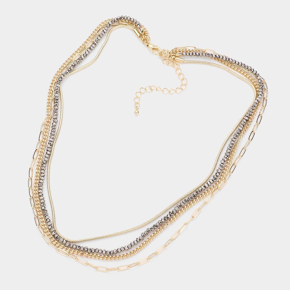 Hematite Open Oval Link Metal Chain Faceted Beaded Multi Layered Necklace - Jewelry Store by Erik Rayo