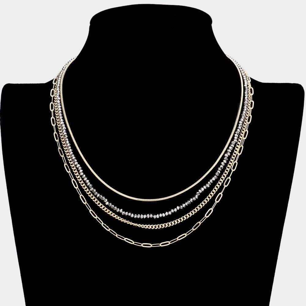Hematite Open Oval Link Metal Chain Faceted Beaded Multi Layered Necklace - Jewelry Store by Erik Rayo