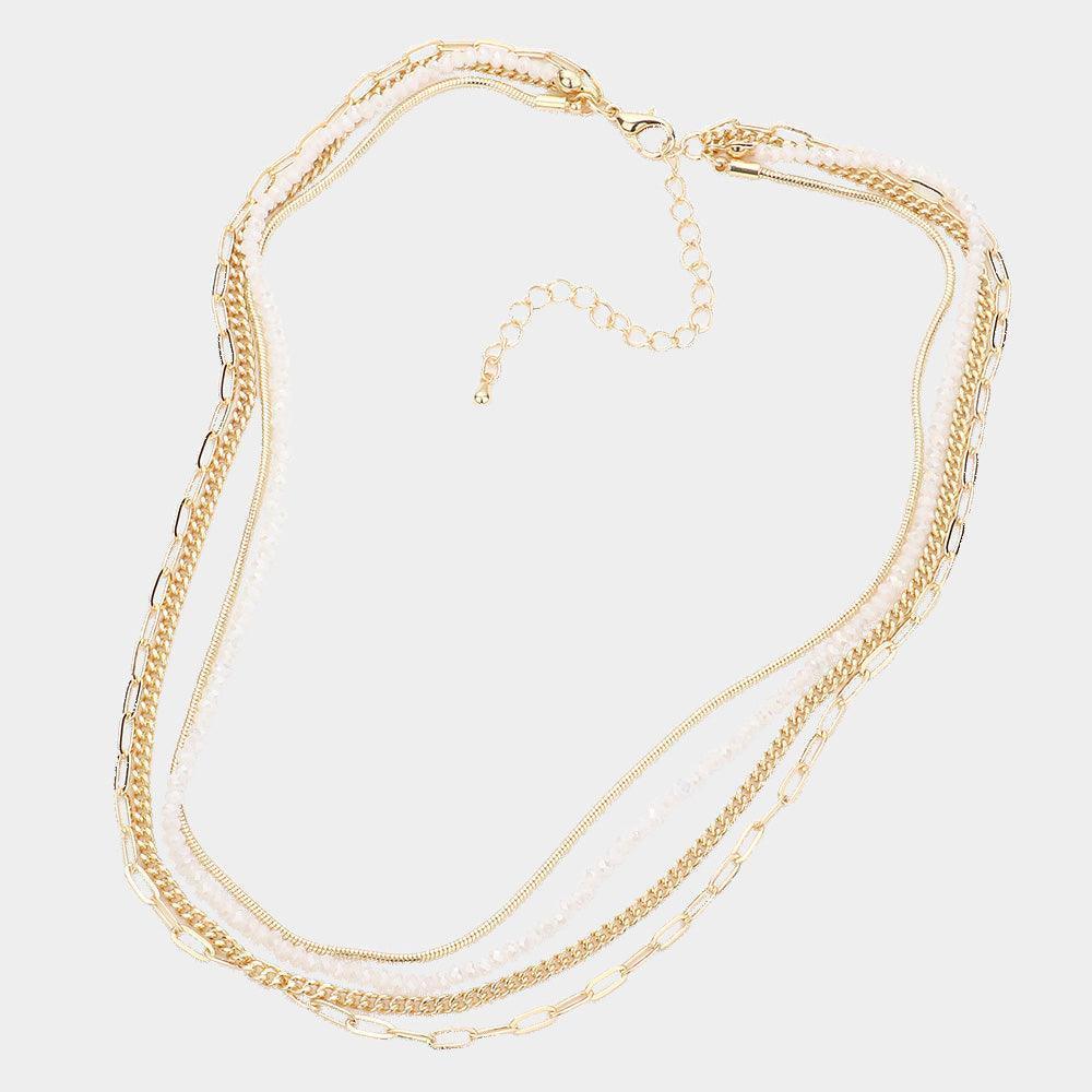 White Open Oval Link Metal Chain Faceted Beaded Multi Layered Necklace - Jewelry Store by Erik Rayo