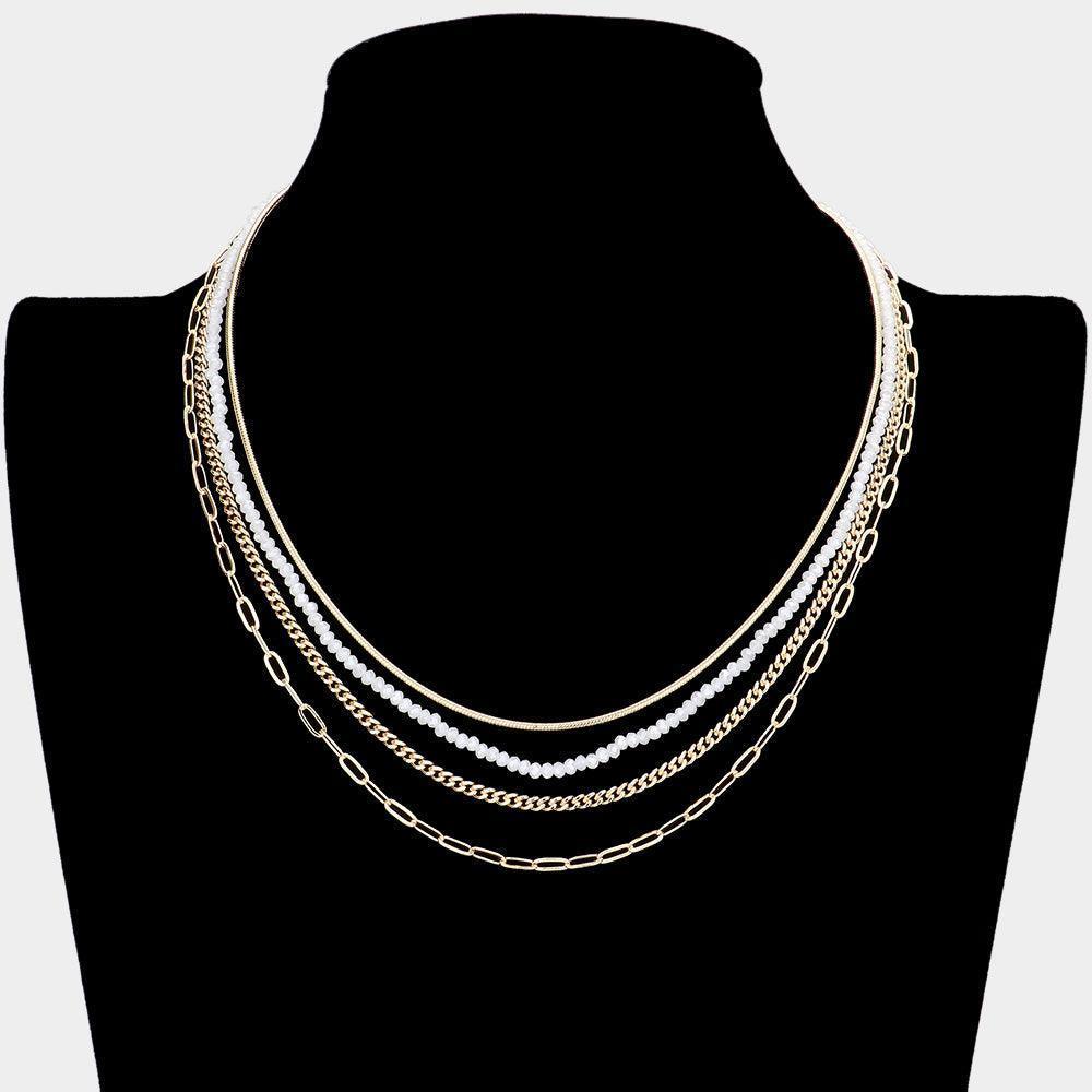 White Open Oval Link Metal Chain Faceted Beaded Multi Layered Necklace - Jewelry Store by Erik Rayo