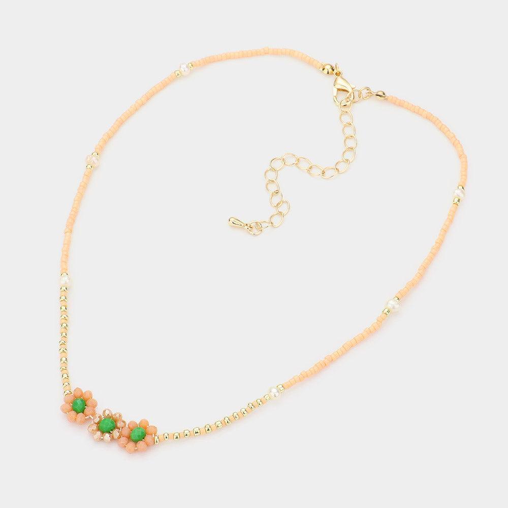 Peach Triple Flower Accented Freshwater Pearl Station Necklace - Jewelry Store by Erik Rayo