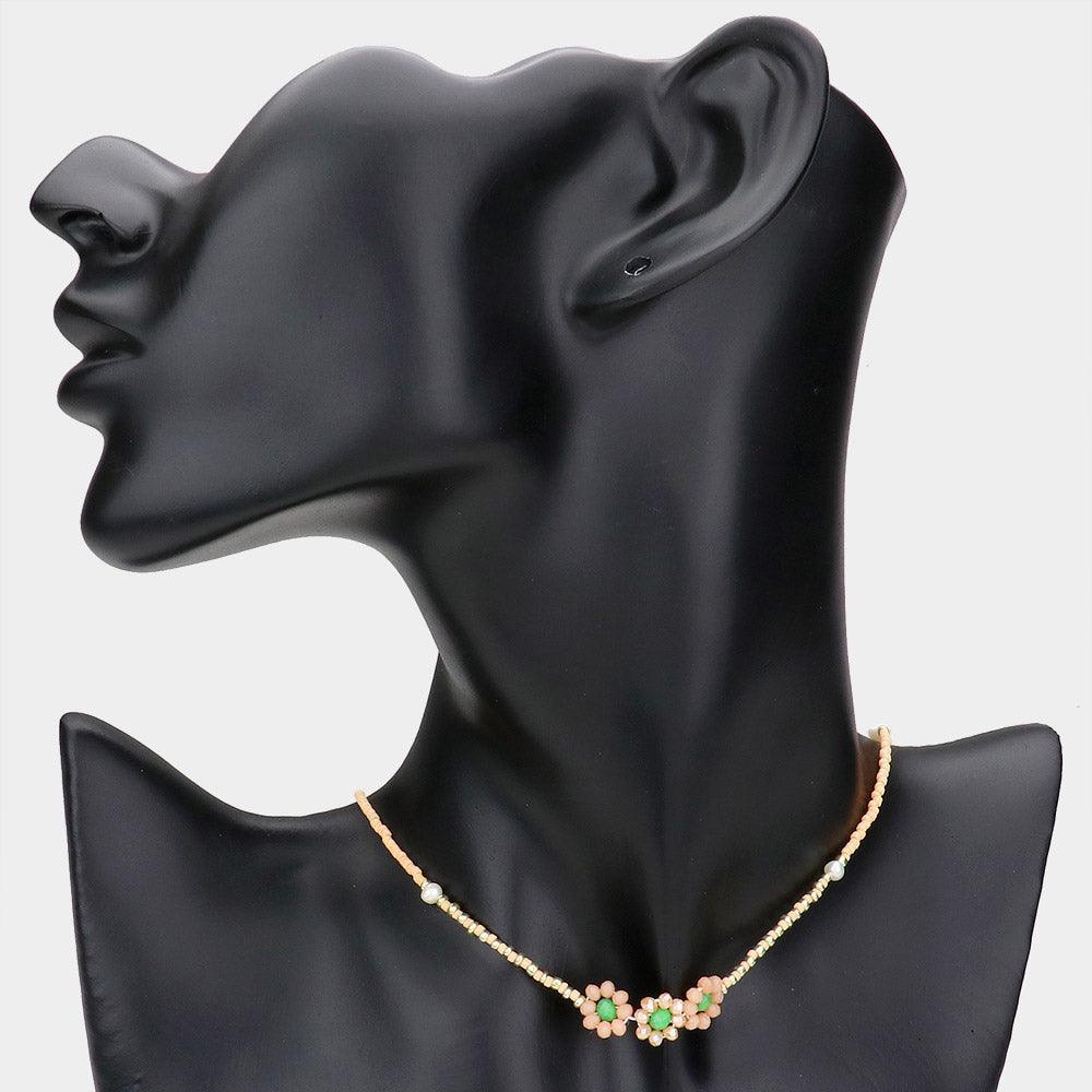 Peach Triple Flower Accented Freshwater Pearl Station Necklace - Jewelry Store by Erik Rayo