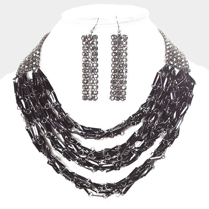 Black Crystal Stone Chain Layered Bib Necklace