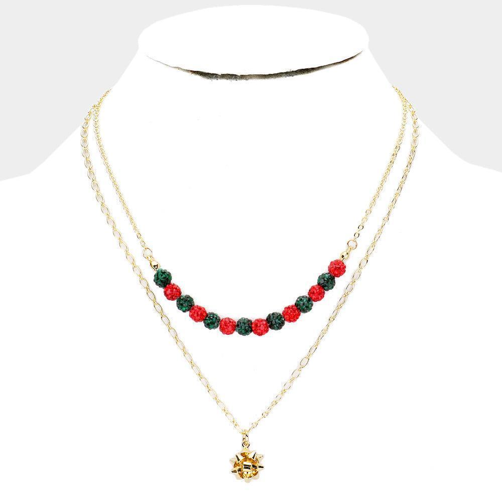 Red Shamballa Ball Christmas Gift Bow Pendant Necklace - Jewelry Store by Erik Rayo