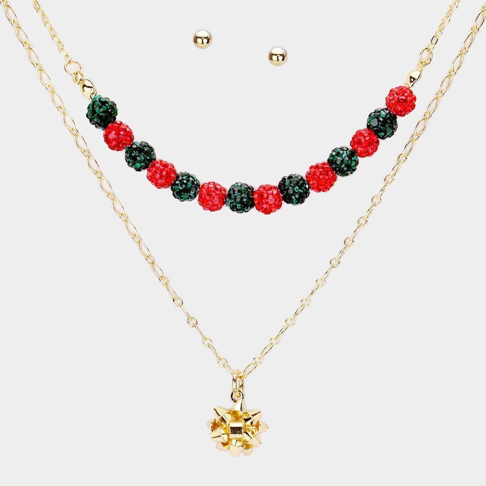 Red Shamballa Ball Christmas Gift Bow Pendant Necklace - Jewelry Store by Erik Rayo