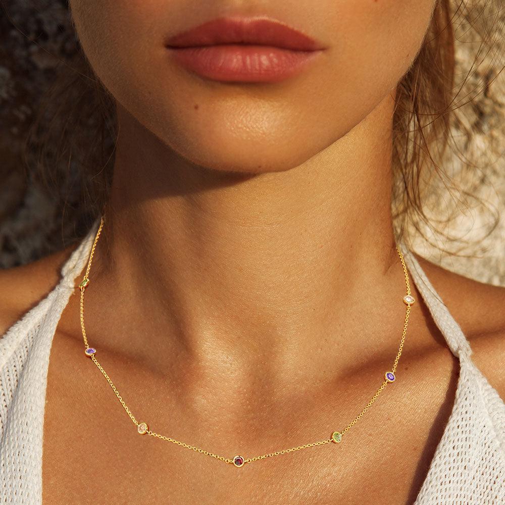 Gold Gold Dipped Brass Metal Round Colorful CZ Station Necklace - Jewelry Store by Erik Rayo