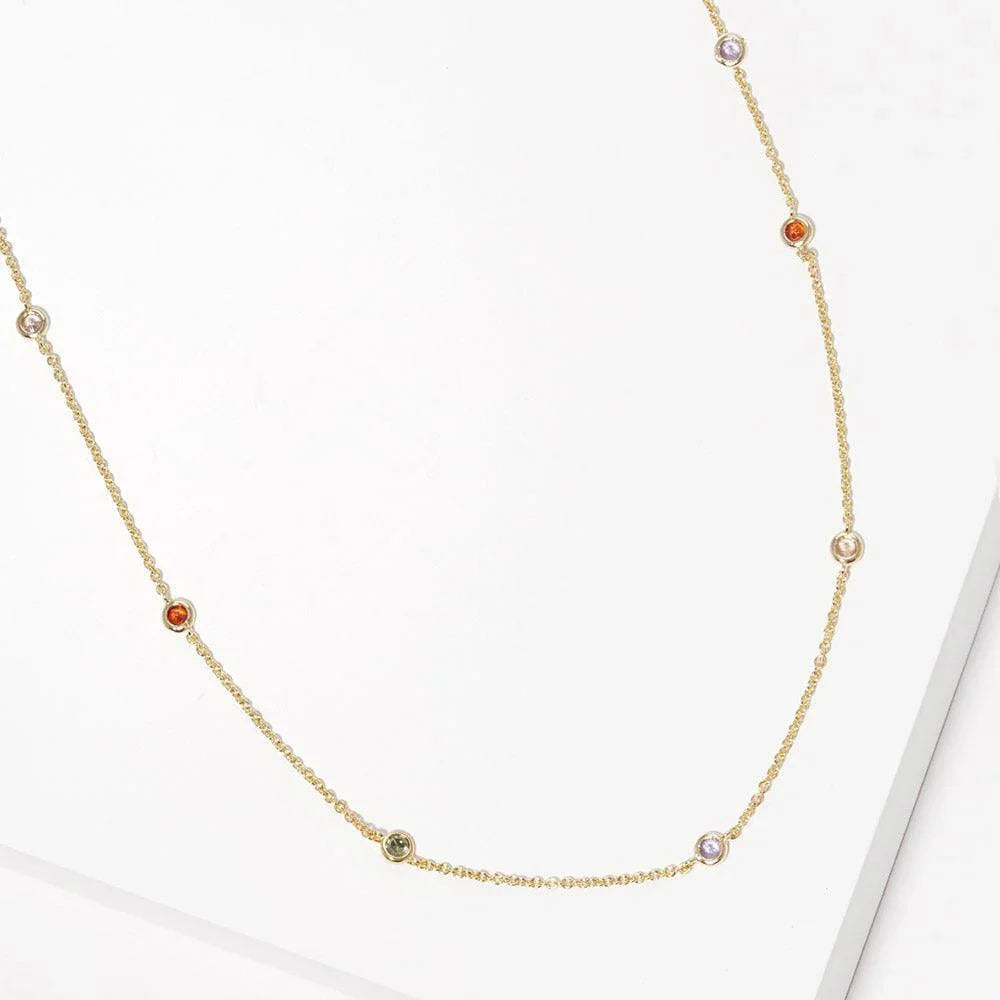 Gold Gold Dipped Brass Metal Round Colorful CZ Station Necklace - Jewelry Store by Erik Rayo