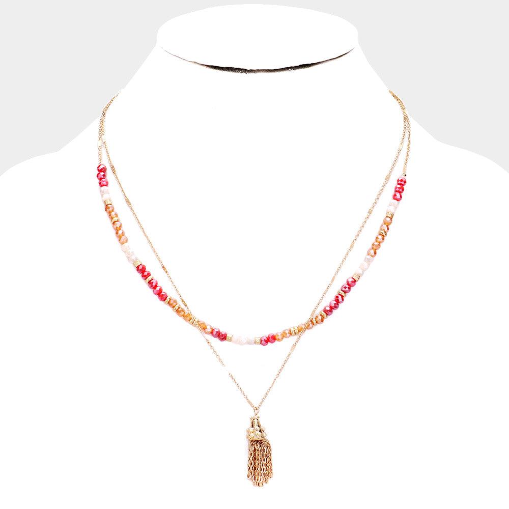 Gold 
Colorful Faceted Bead Layered Chain Tassel Necklace