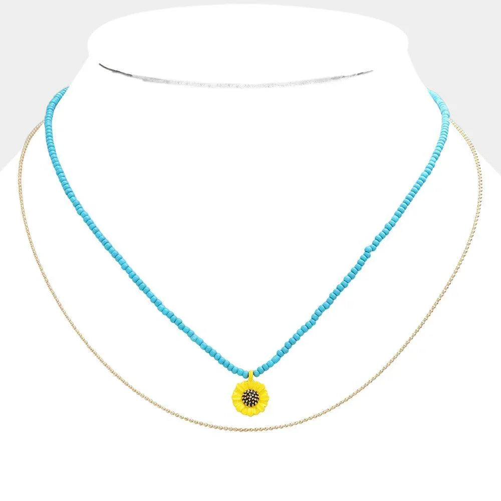 Turquoise Double Layered Sunflower Pendant Necklace - Jewelry Store by Erik Rayo