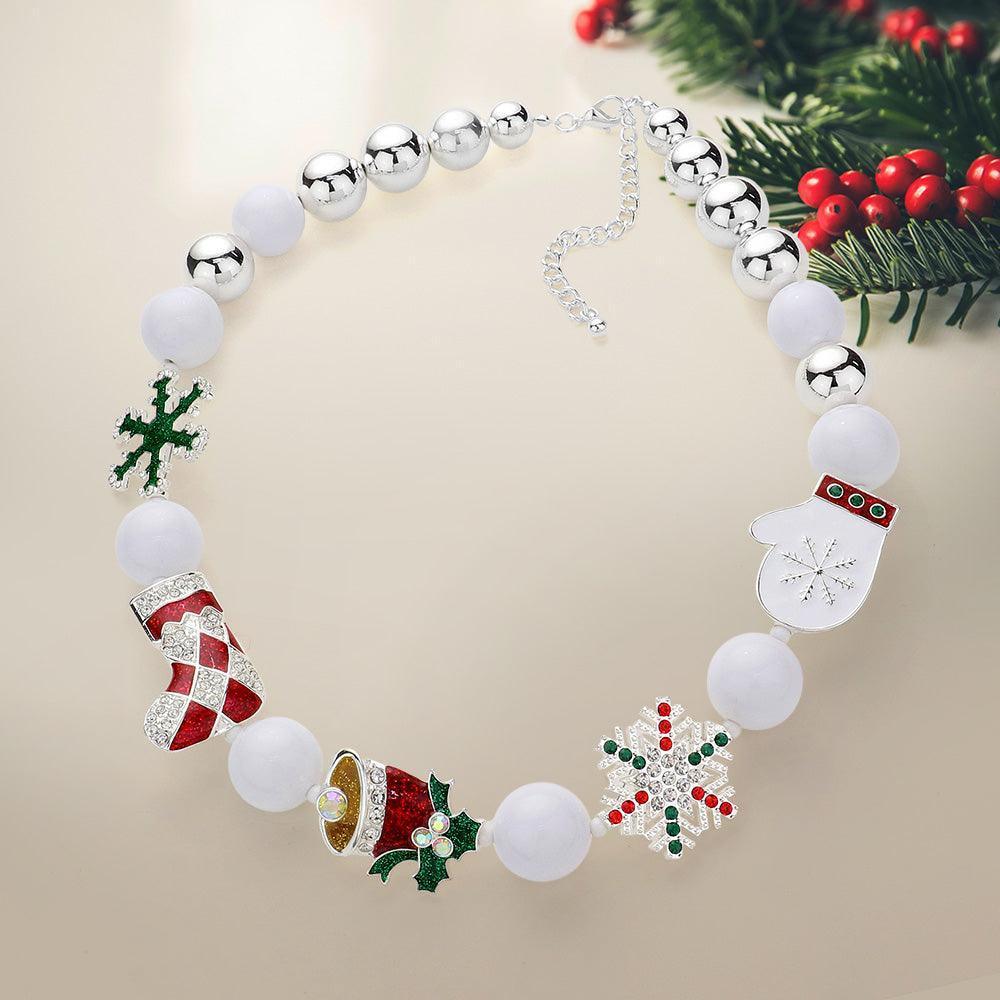 Silver Snowflake Christmas Socks Jingle Bell Glove Pointed Beaded Necklace - Jewelry Store by Erik Rayo